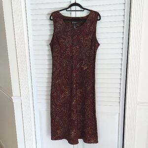 Studio I Dress, Sz 18. Midi, Sleeveless, Burgundy, Tan,‎ Blue, Paisley Pattern